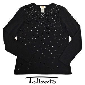 Talbots Black Long Sleeve Top w/ Boatneck Collar & Rhinestone Flat Beads, M NWOT